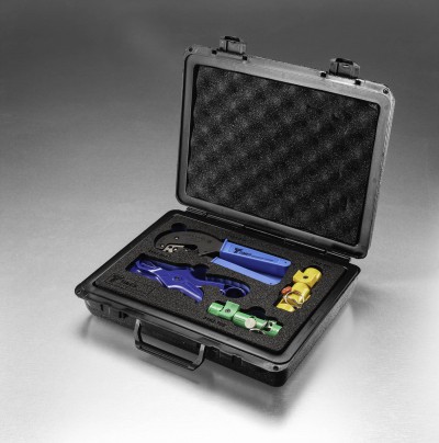 Image of the Amphenol Times Microwave Systems LMR Tool Kit on a gray backdrop.